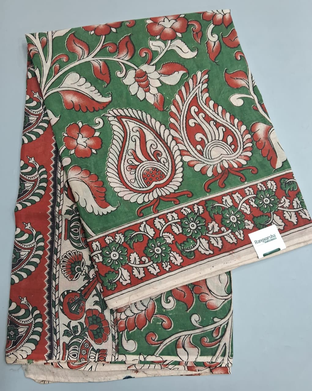 Seafoam Green Kalamkari Cotton Saree