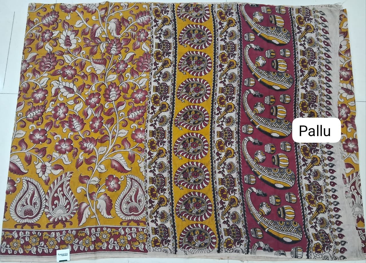 Yellow Kalamkari Cotton Saree pallu