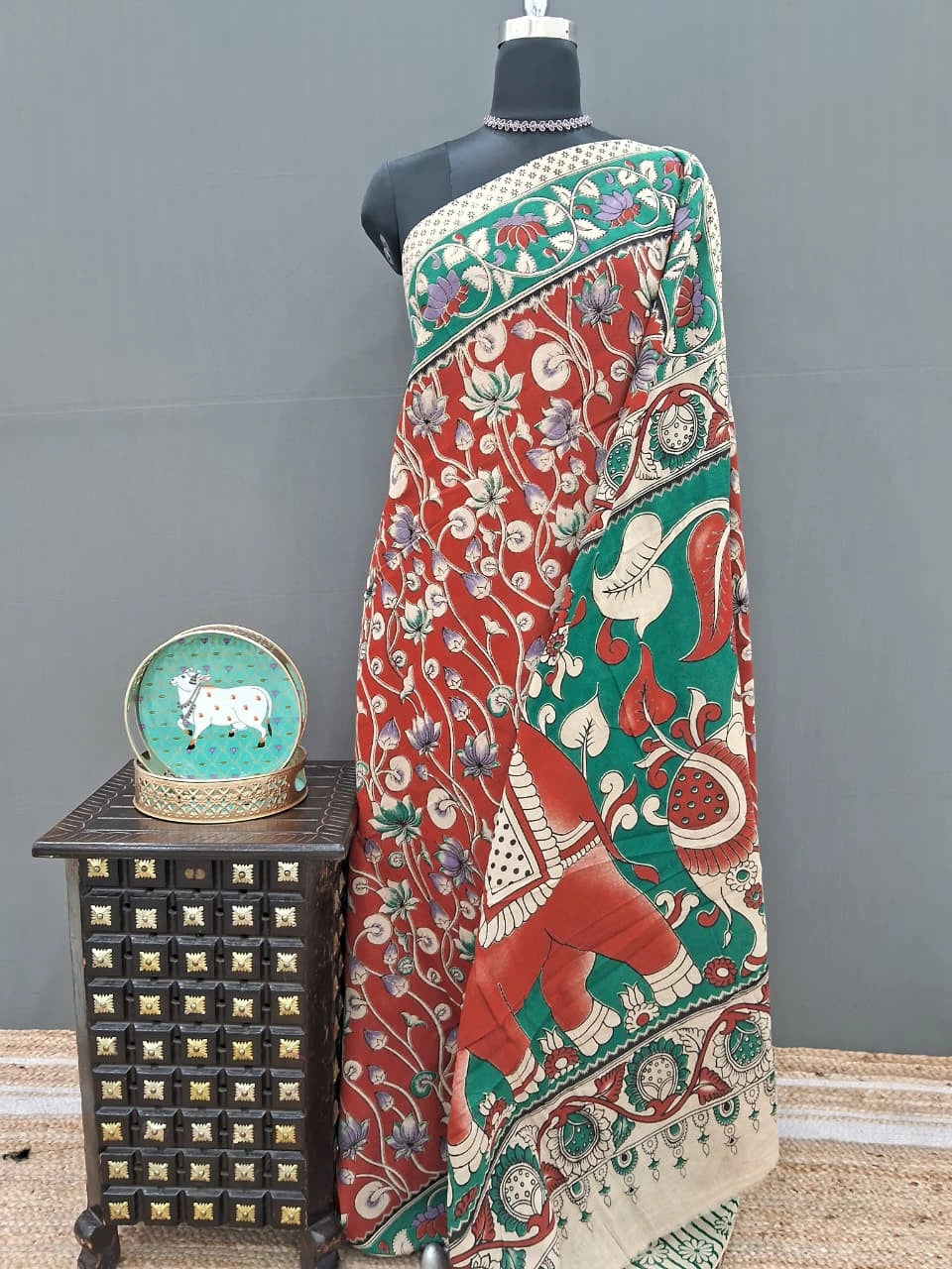 Elegant Brick Red Kalamkari Cotton Saree