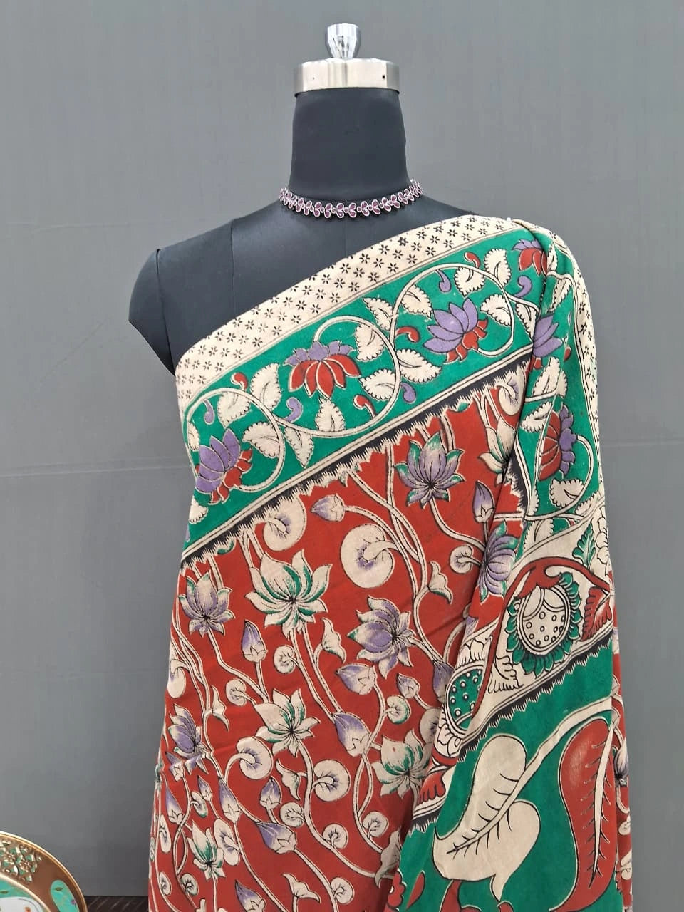 Elegant Brick Red Kalamkari Cotton Saree 