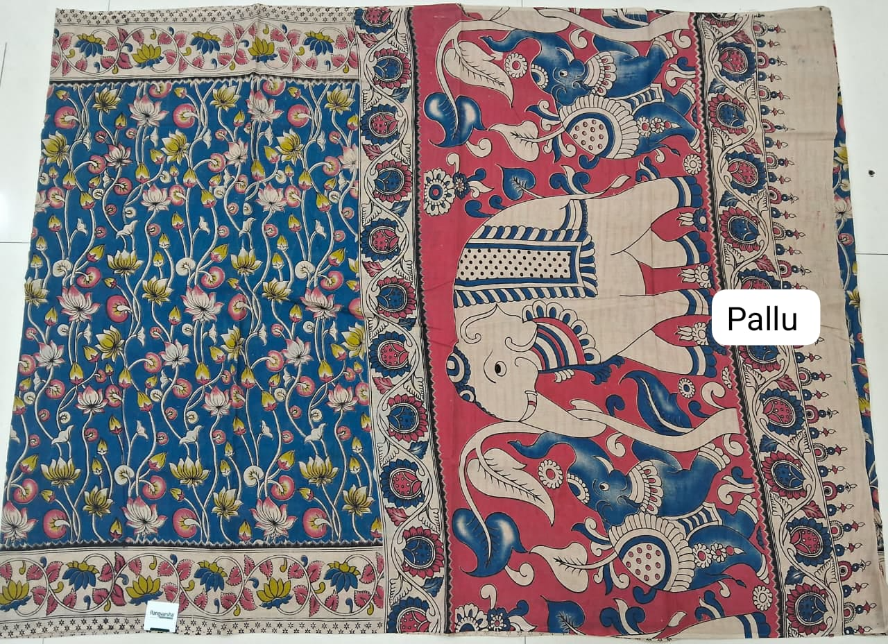 Teal Blue Kalamkari Cotton Saree pallu