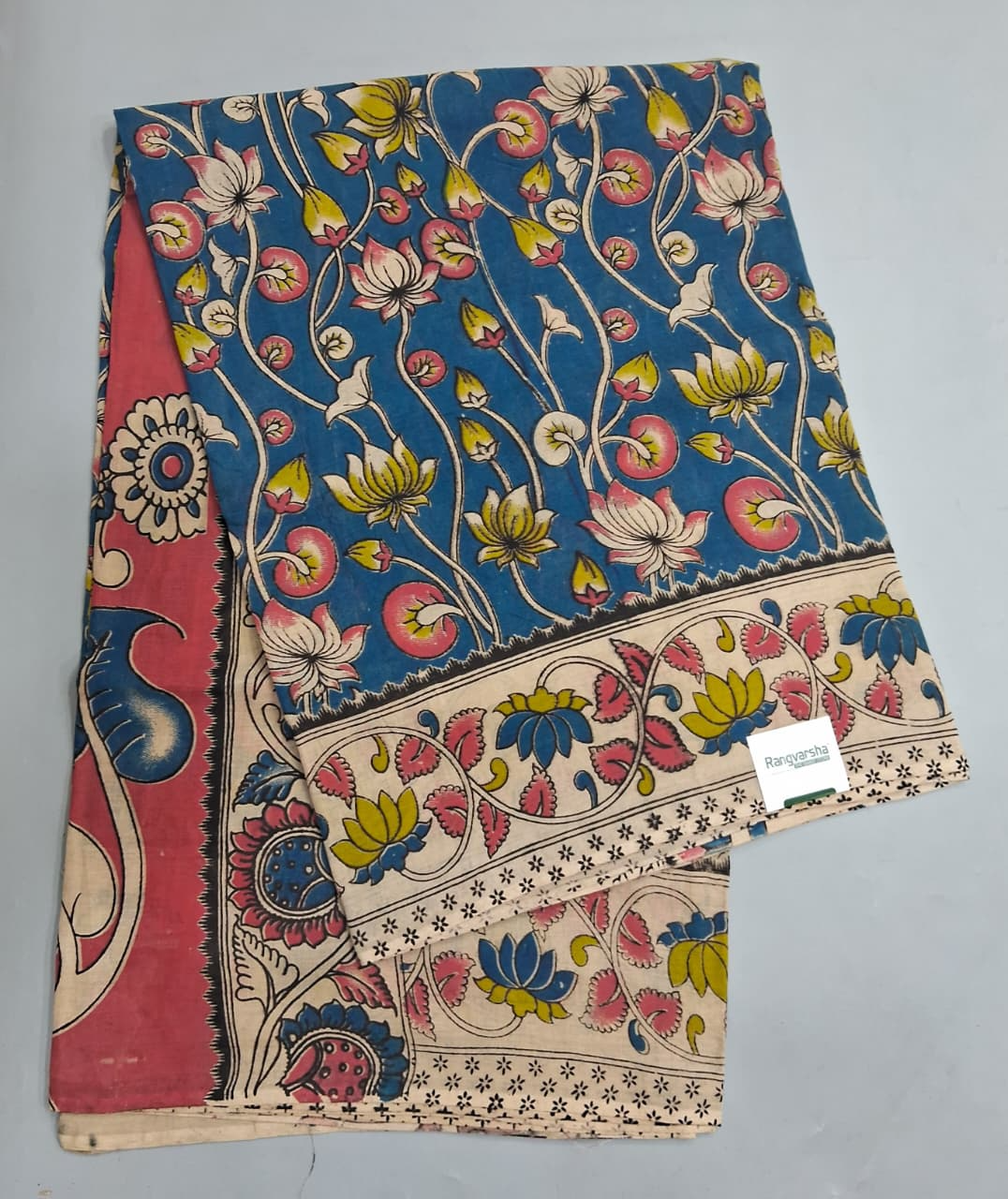 Teal Blue Kalamkari Cotton Saree