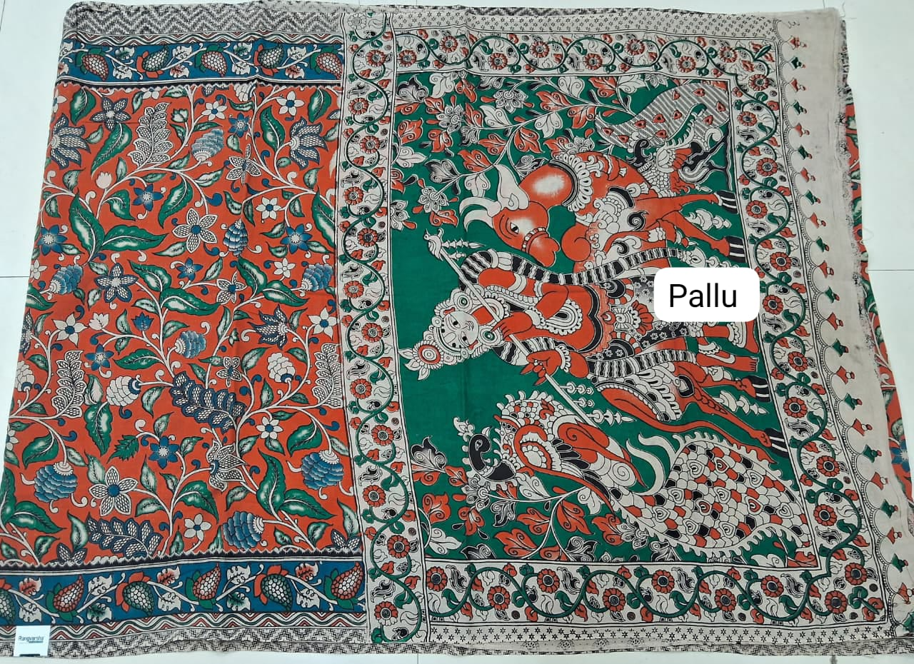 Orange Kalamkari Cotton Saree Pallu