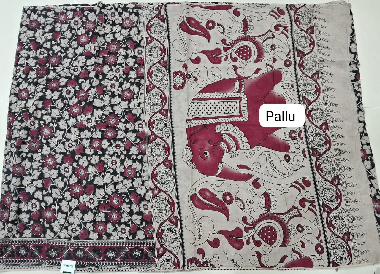 Black Kalamkari Cotton Saree Pallu