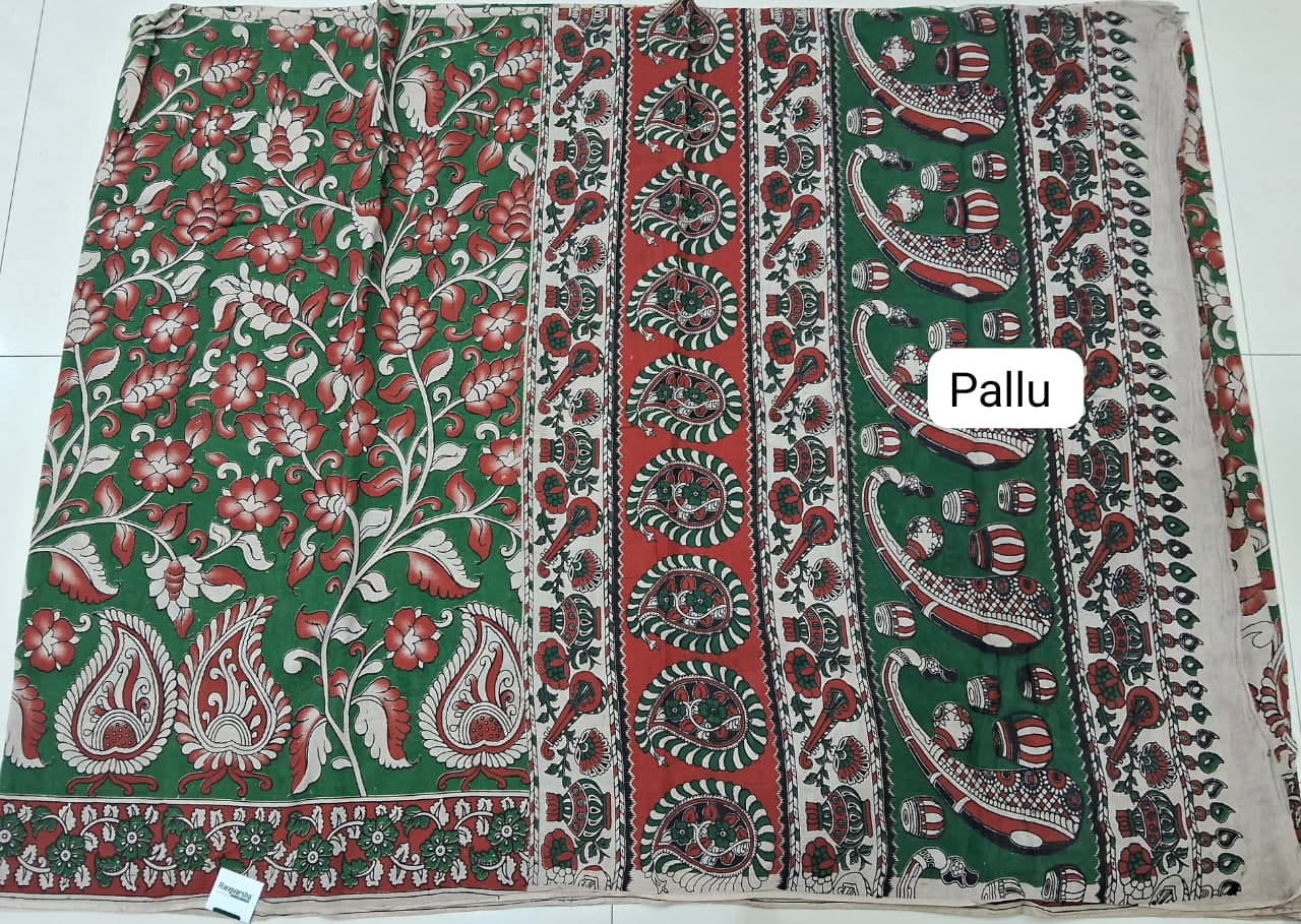 Green Kalamkari Cotton Saree Pallu