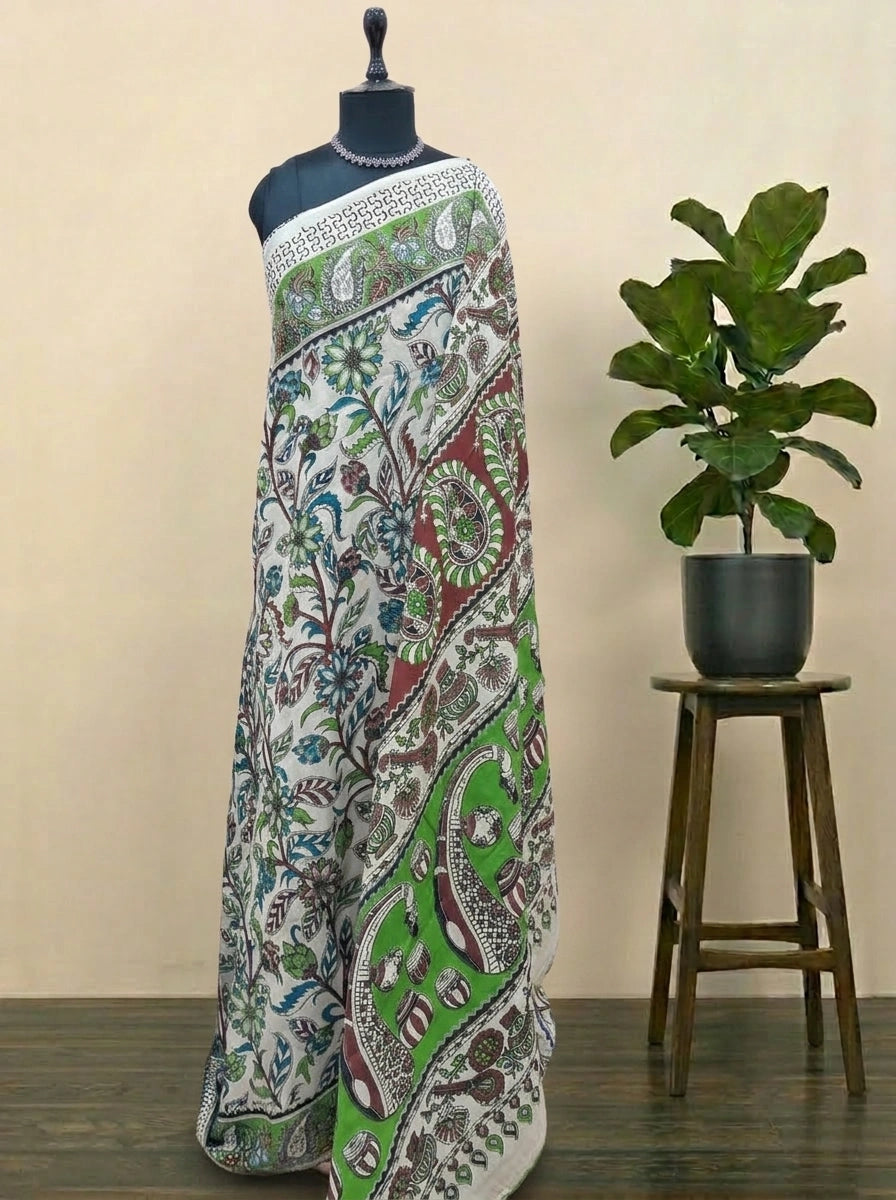 Beige Kalamkari Cotton Saree