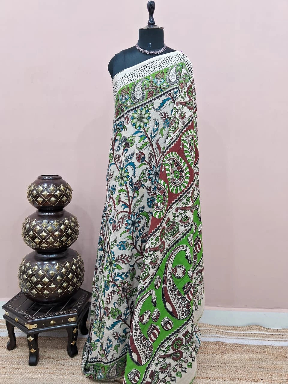 Beige Kalamkari Cotton Saree