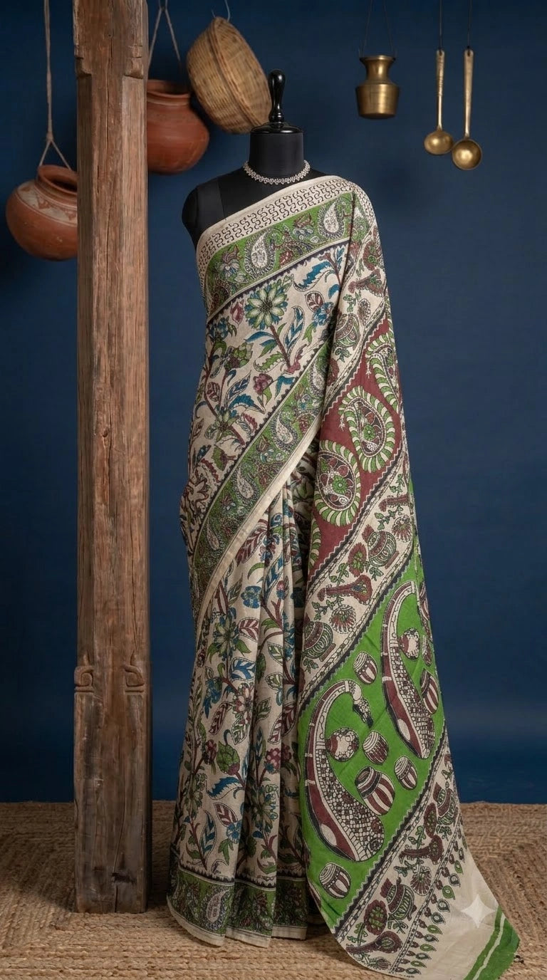 Beige Kalamkari Cotton Saree