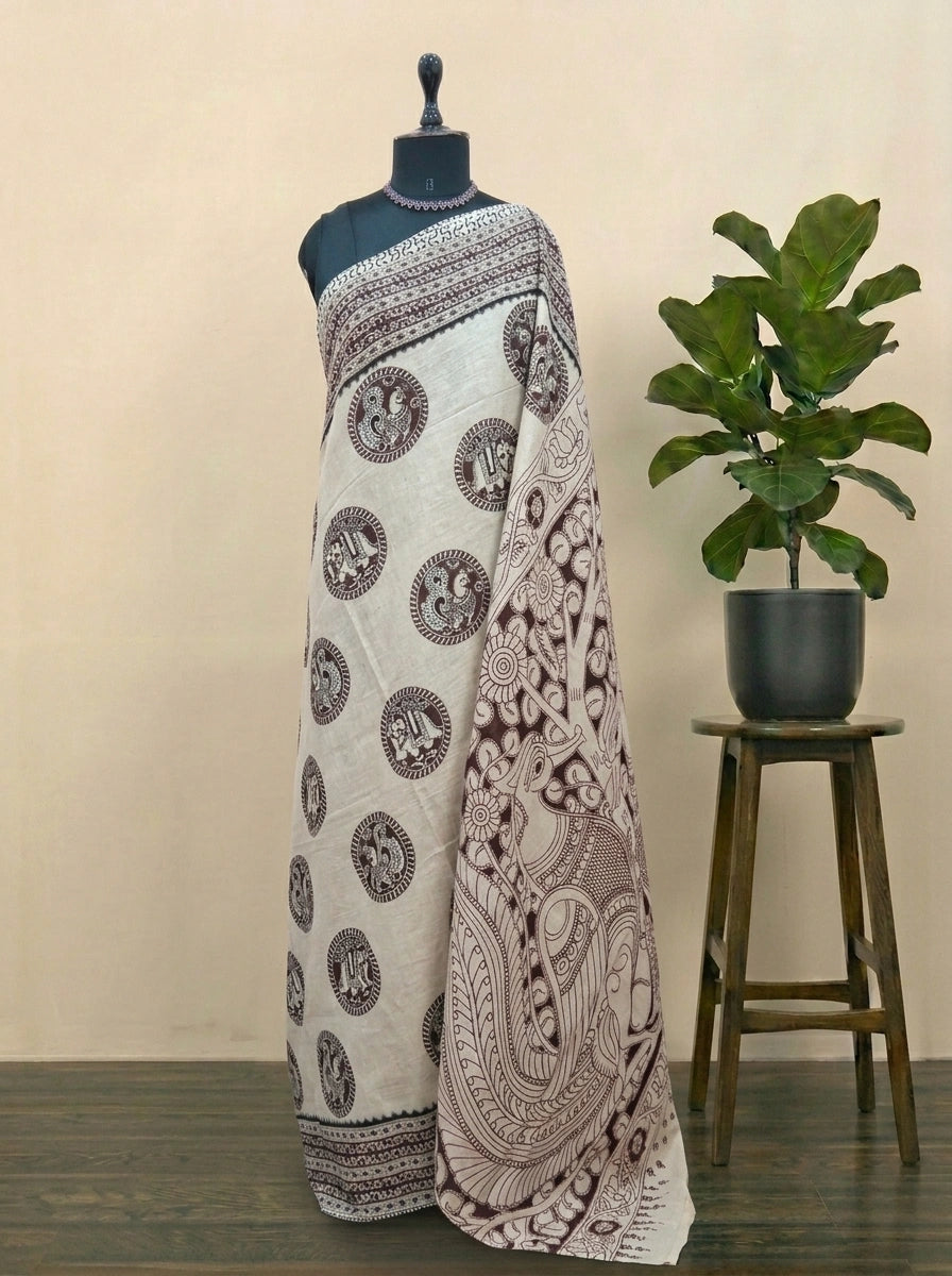 Cream Kalamkari Cotton Saree