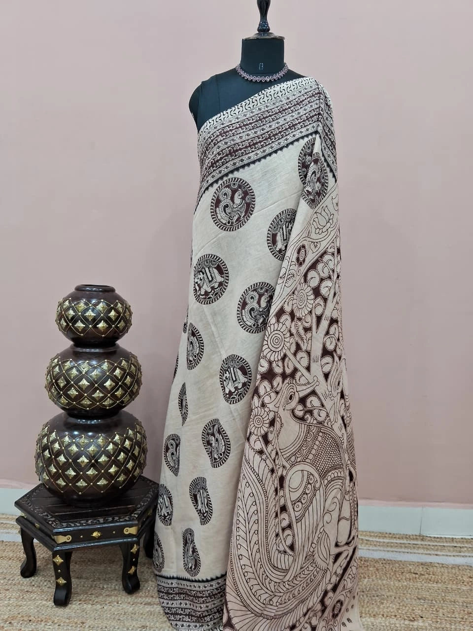Cream Kalamkari Cotton Saree