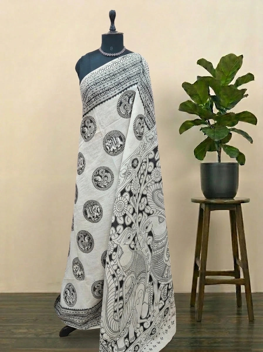 Pure Cream Kalamkari Cotton Saree