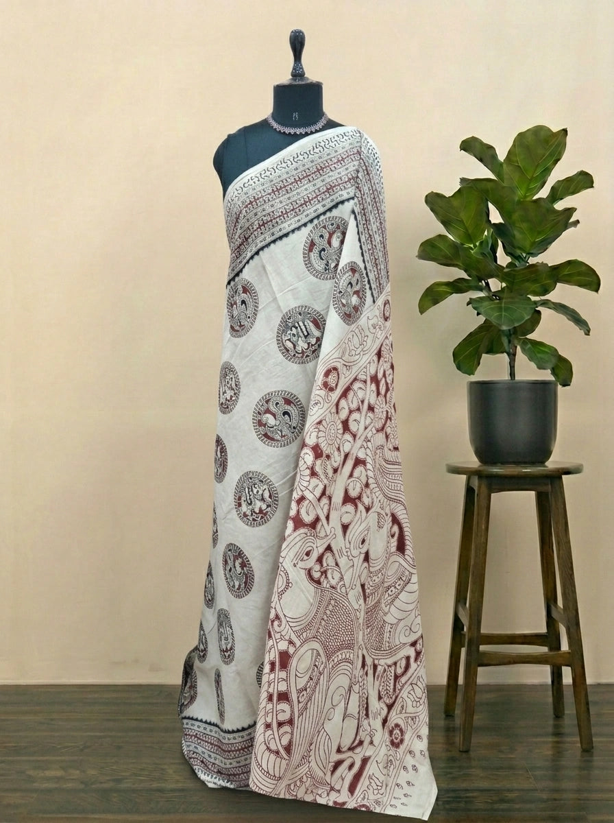 Traditional Cream Kalamkari Cotton Saree 