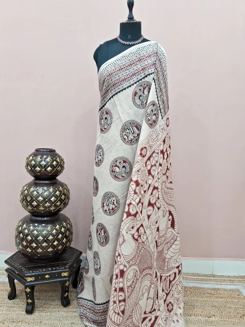 Traditional Cream Kalamkari Cotton Saree 