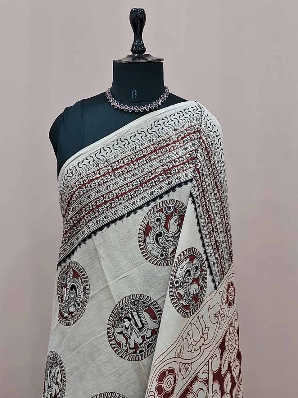 Traditional Cream Kalamkari Cotton Saree 1