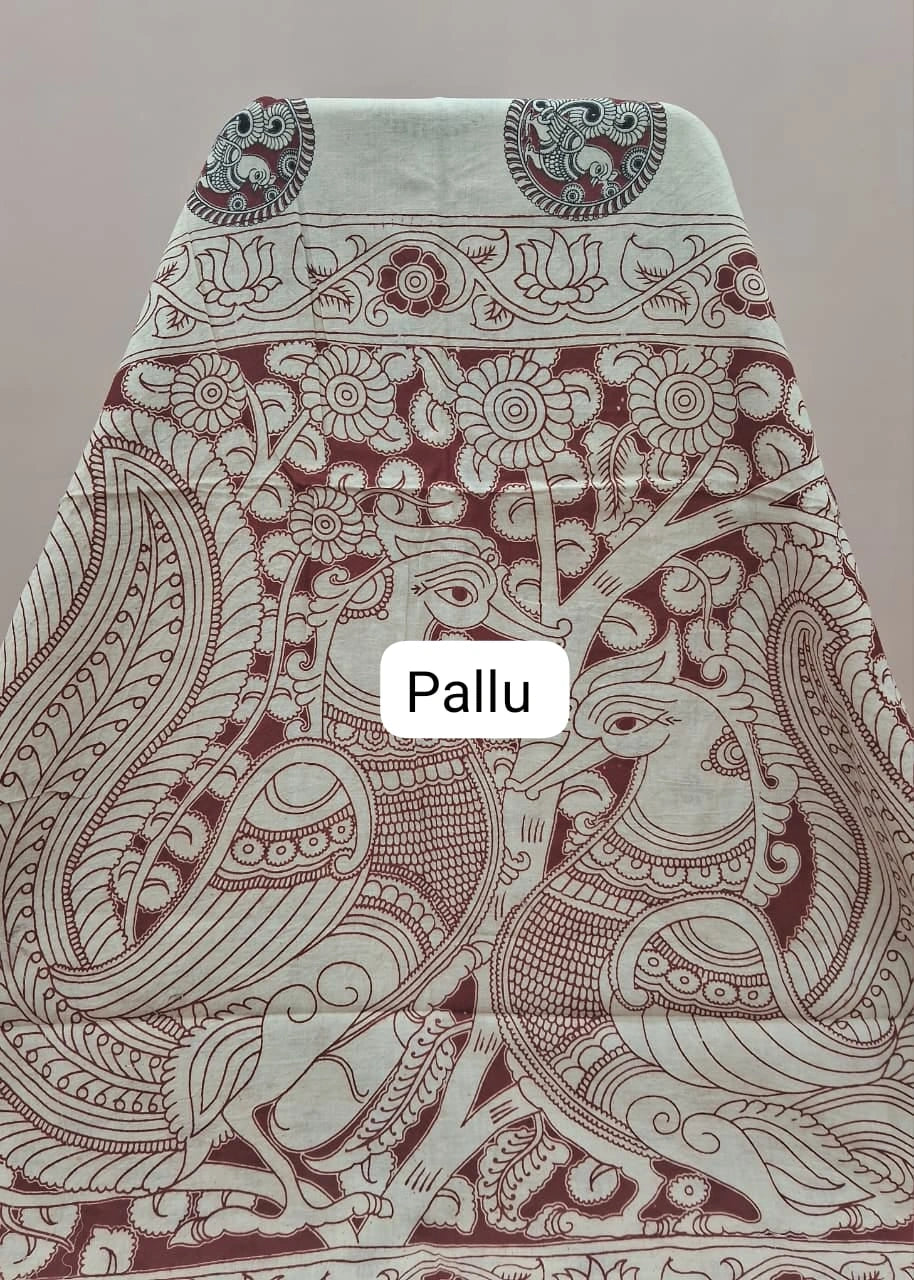 Traditional Cream Kalamkari Cotton Saree Pallu