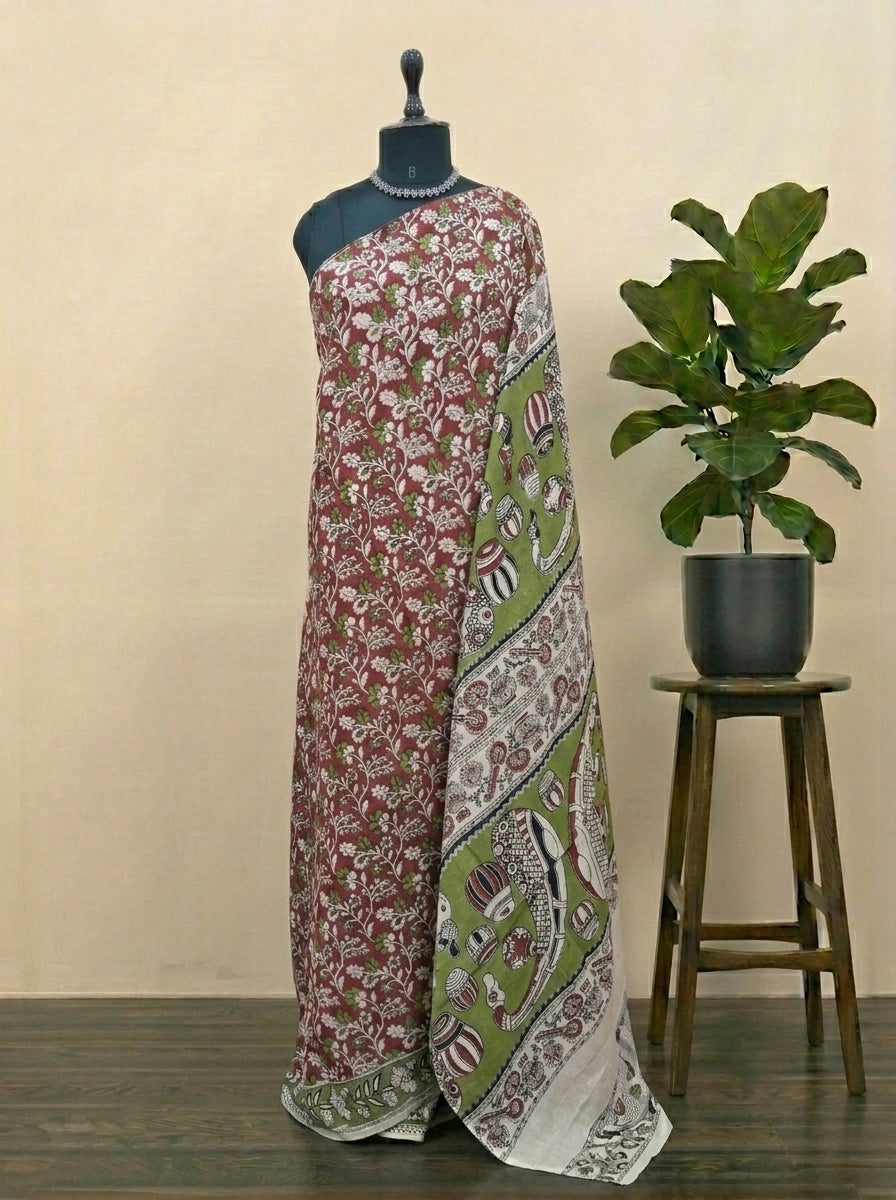 Brick Red Kalamkari Cotton Saree