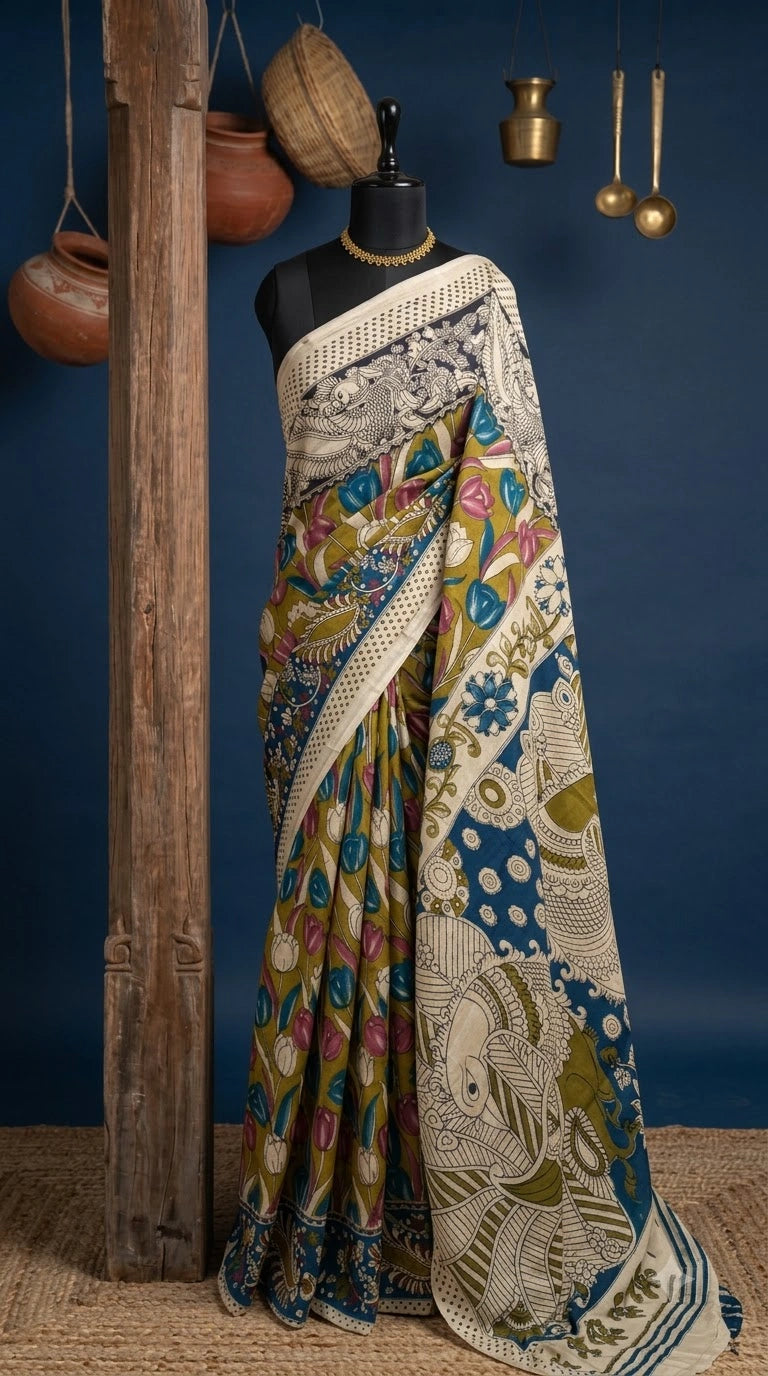 Olive Green Kalamkari Cotton Saree