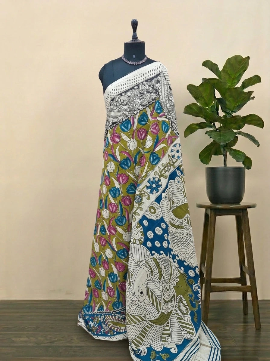 Olive Green Kalamkari Cotton Saree