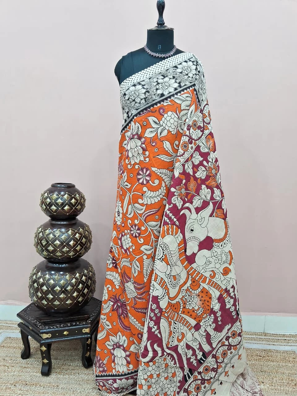 Orange Kalamkari Cotton Saree