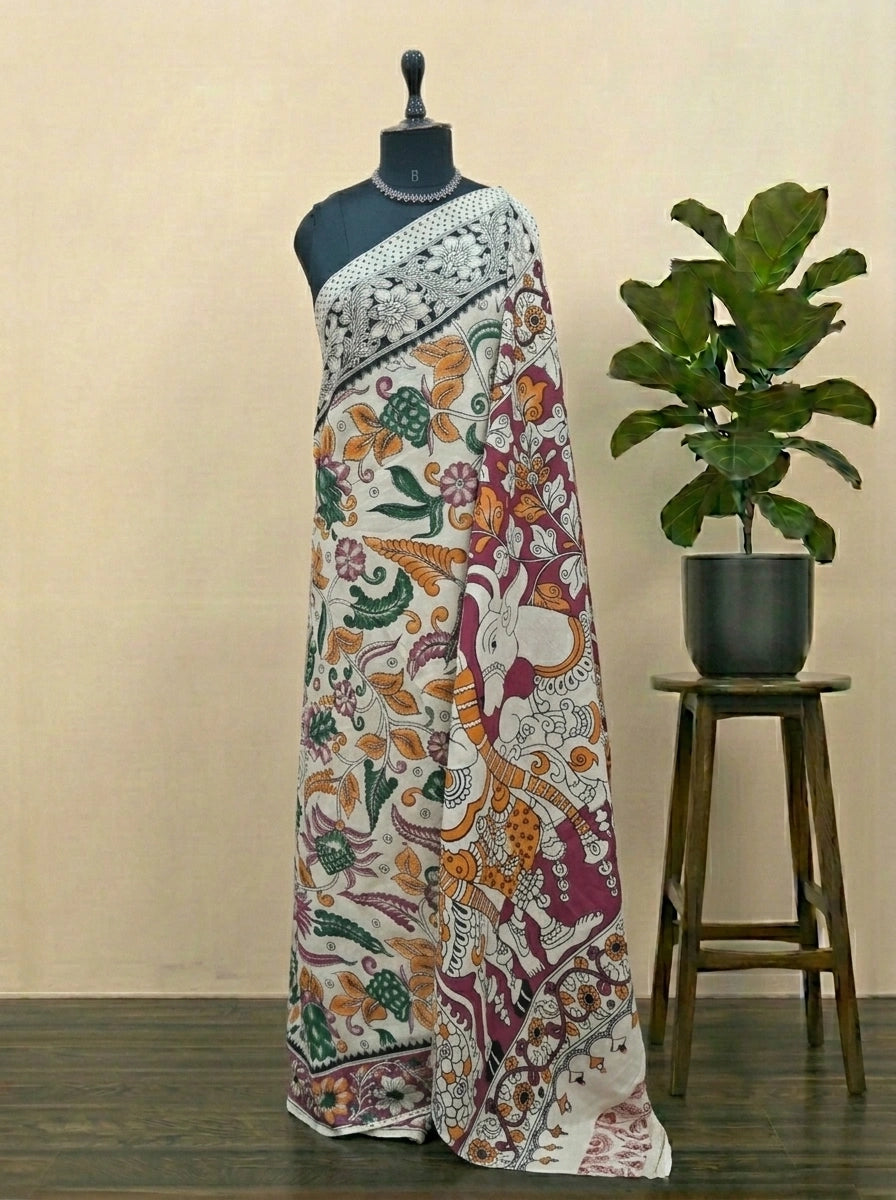 Cream Ethnic Kalamkari Cotton Saree