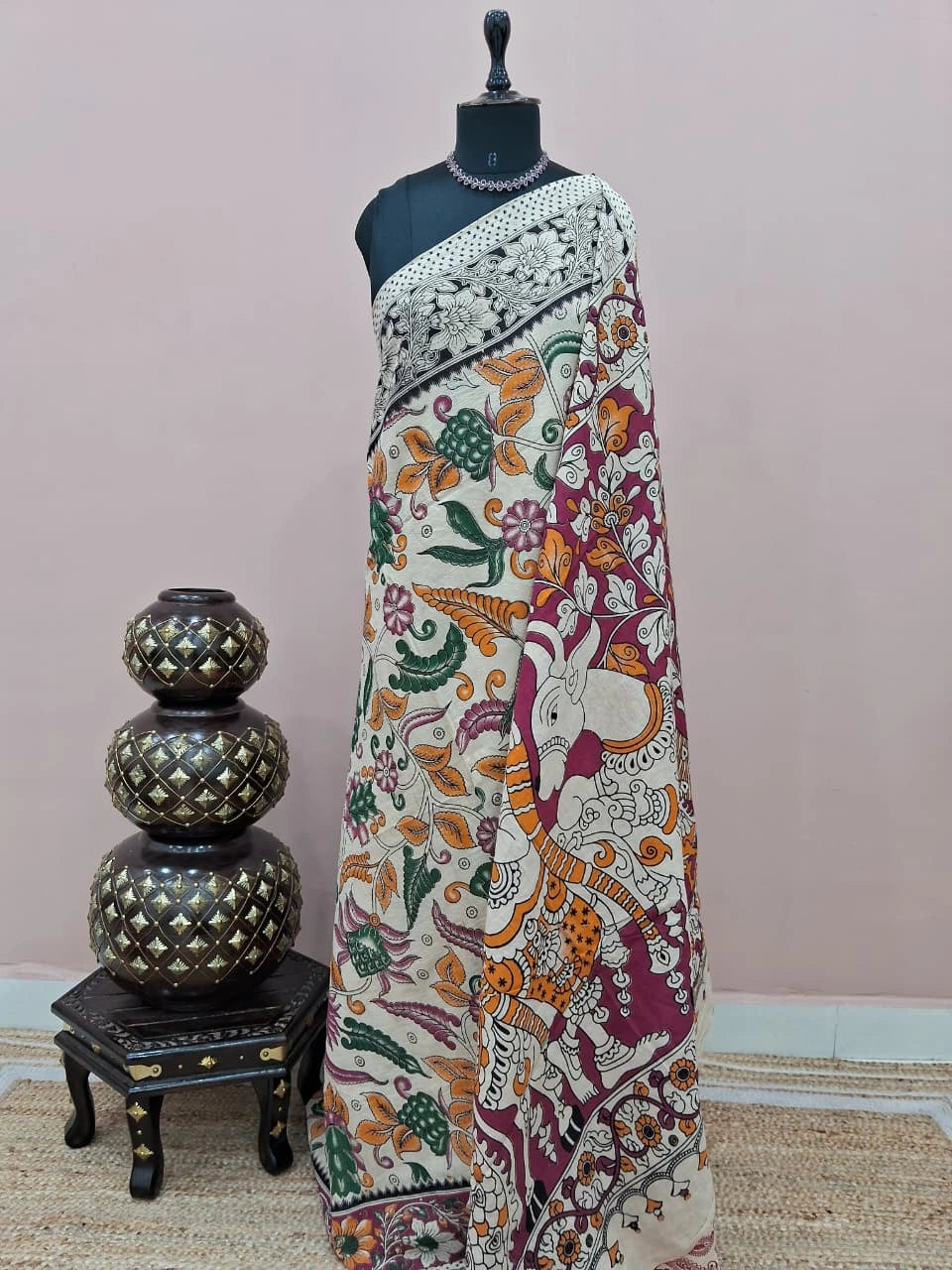 Cream Ethnic Kalamkari Cotton Saree