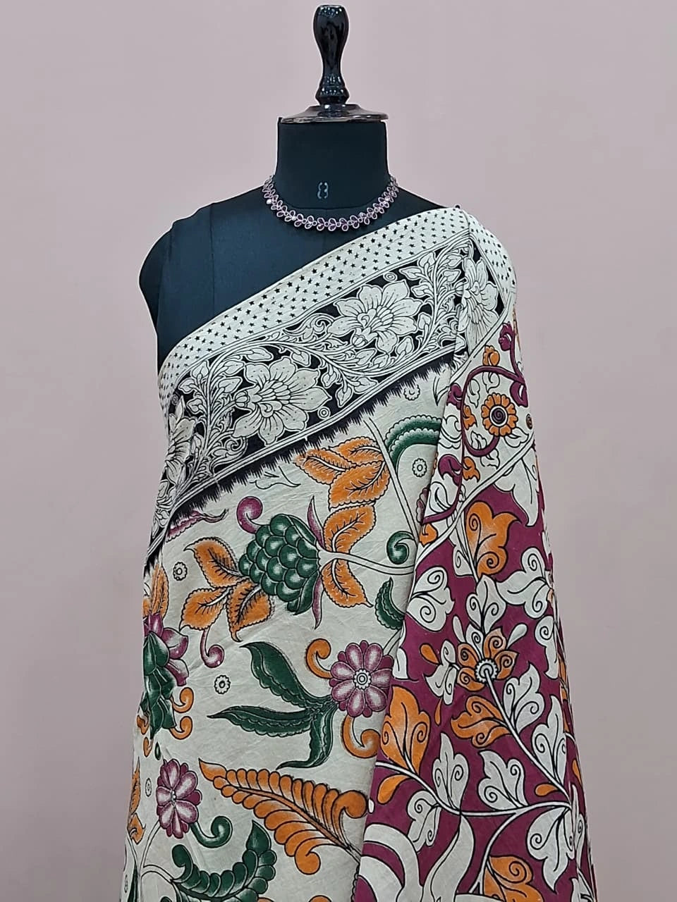 Cream Ethnic Kalamkari Cotton Saree 1