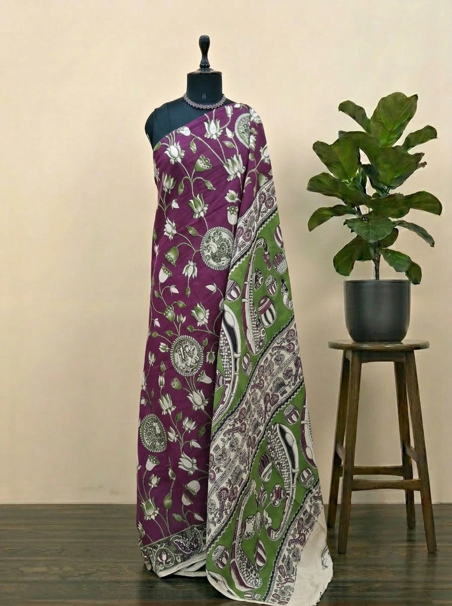 Wine Kalamkari Cotton Saree 