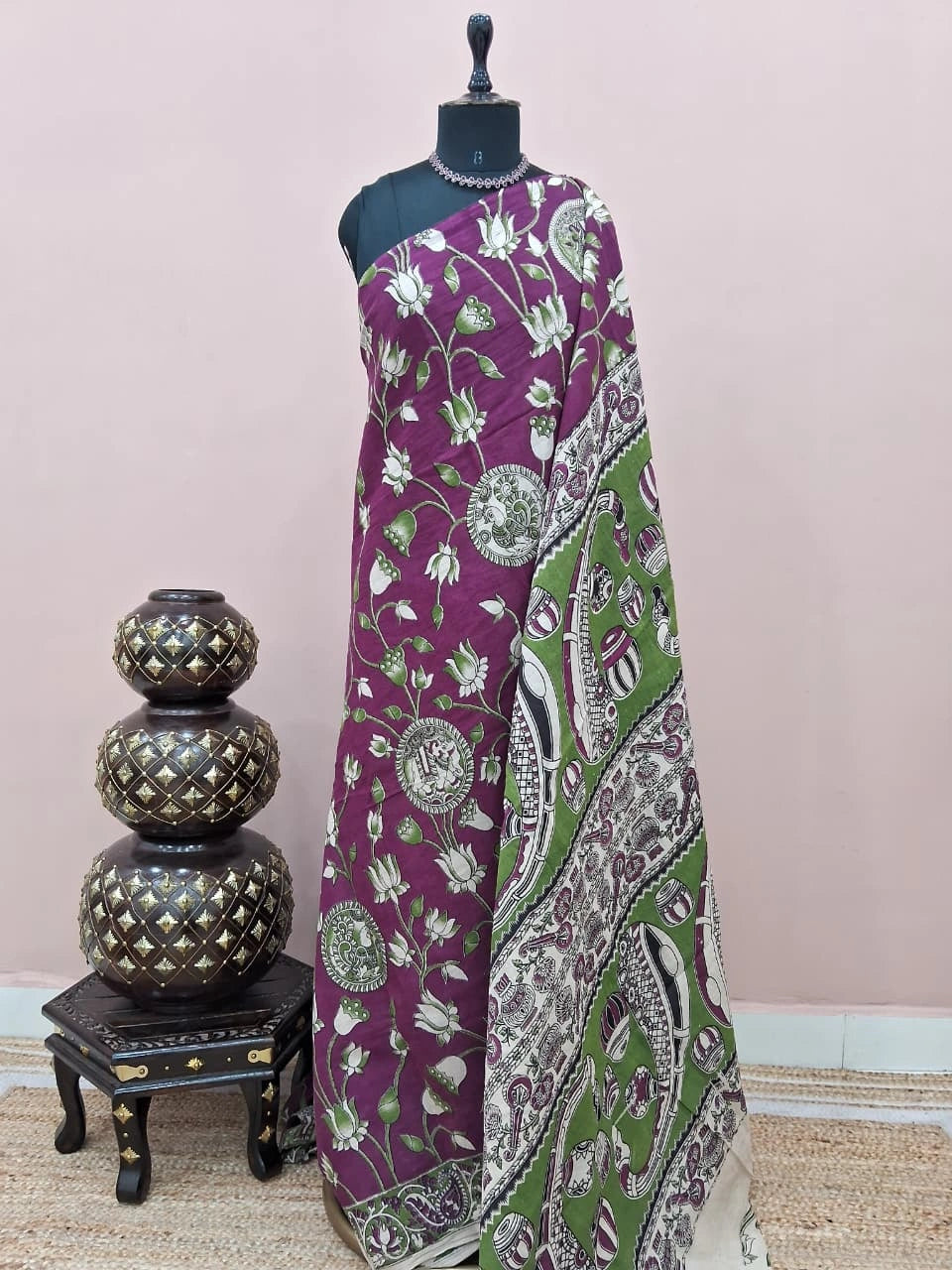 Wine Kalamkari Cotton Saree 
