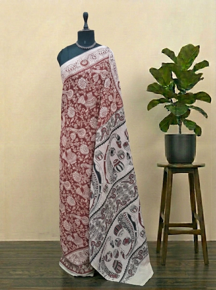 Brick Red Kalamkari Cotton Saree