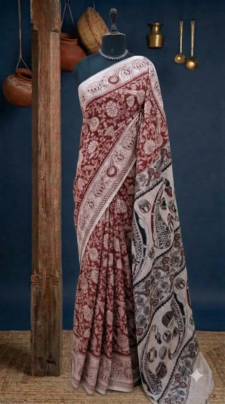 Brick Red Kalamkari Cotton Saree