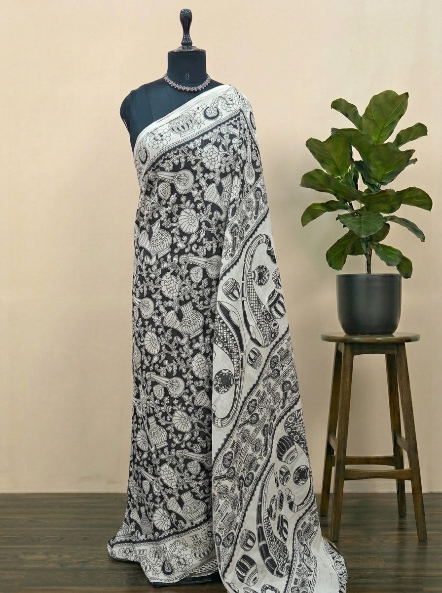 Black Kalamkari Cotton Saree