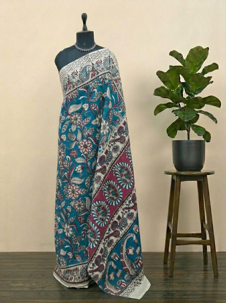 Teal Blue Kalamkari Cotton Saree