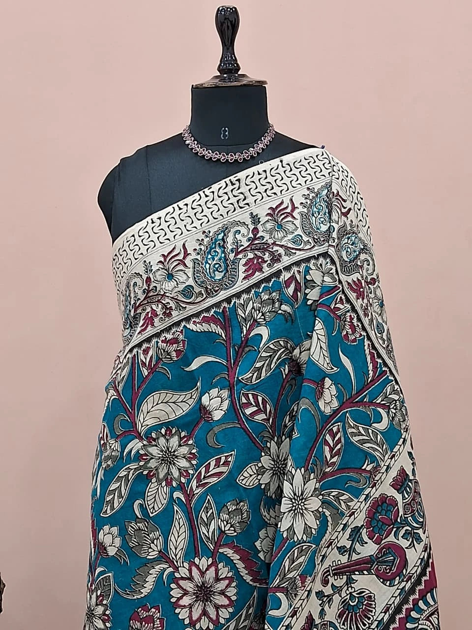 Teal Blue Kalamkari Cotton Saree 1