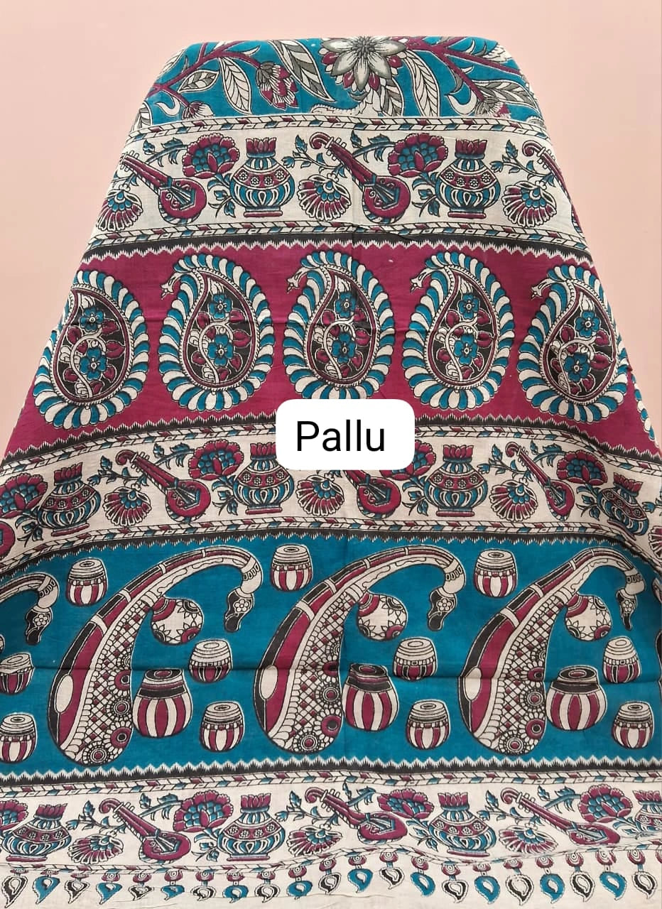 Teal Blue Kalamkari Cotton Saree Pallu