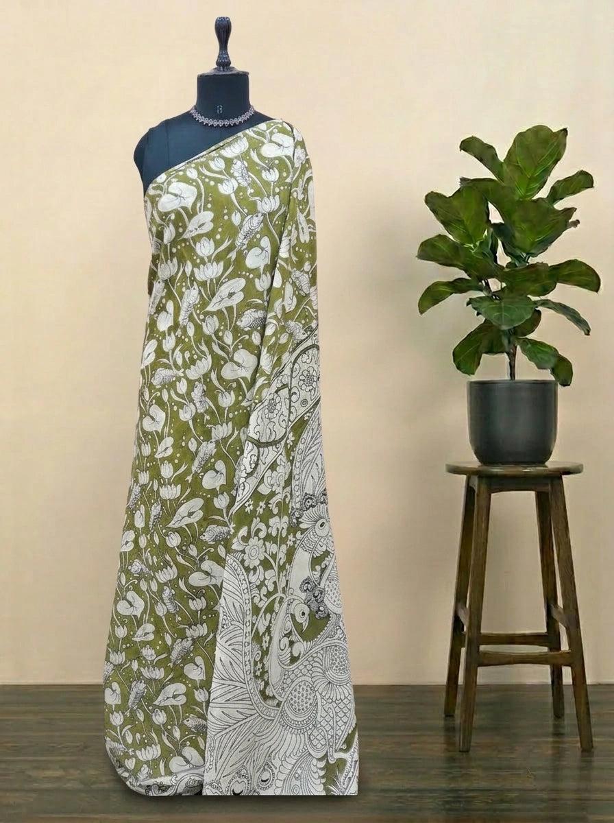 Mehandi Green Kalamkari Cotton Saree