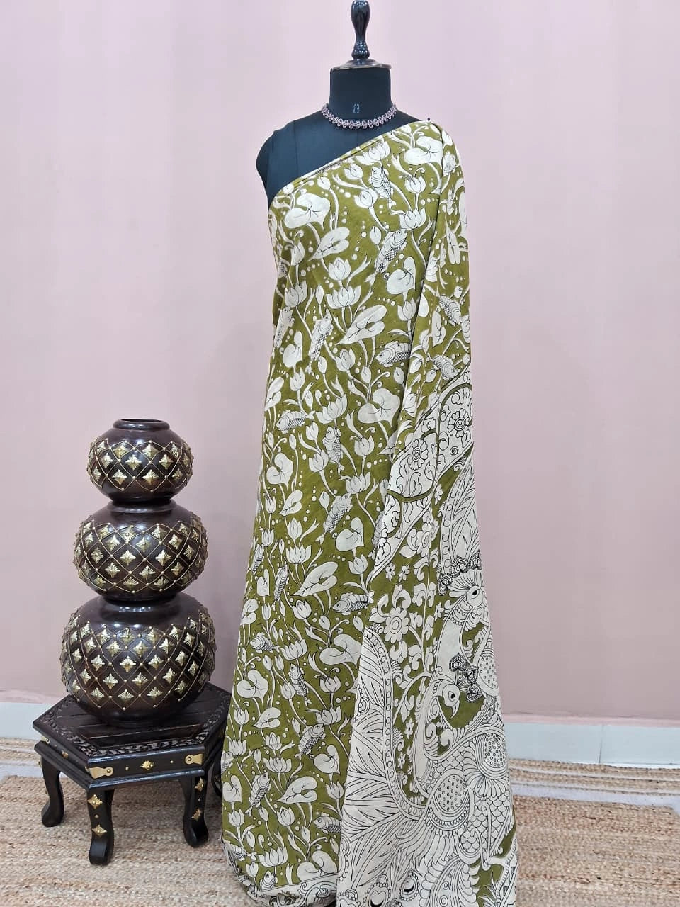 Mehandi Green Kalamkari Cotton Saree