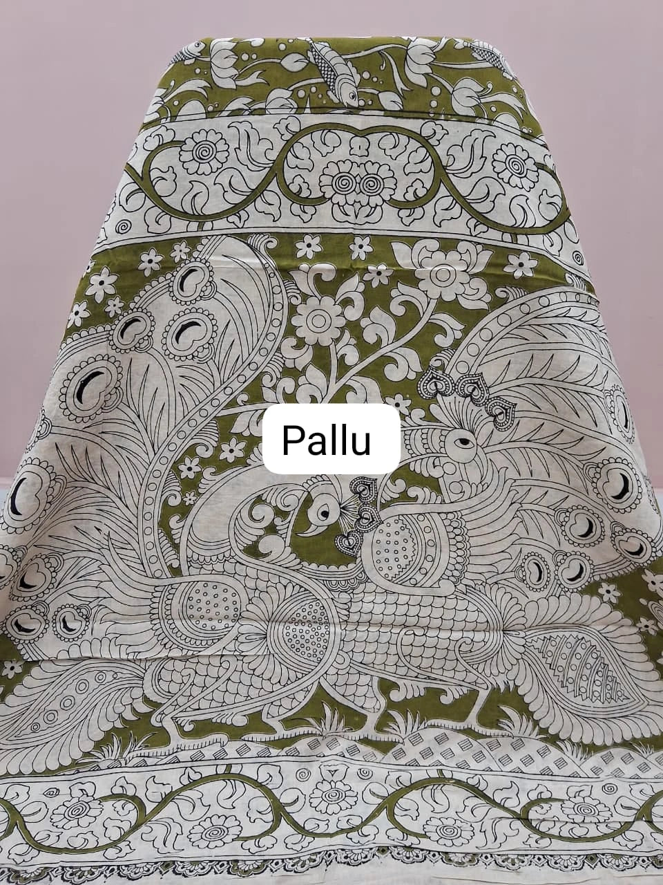 Mehandi Green Kalamkari Cotton Saree Pallu