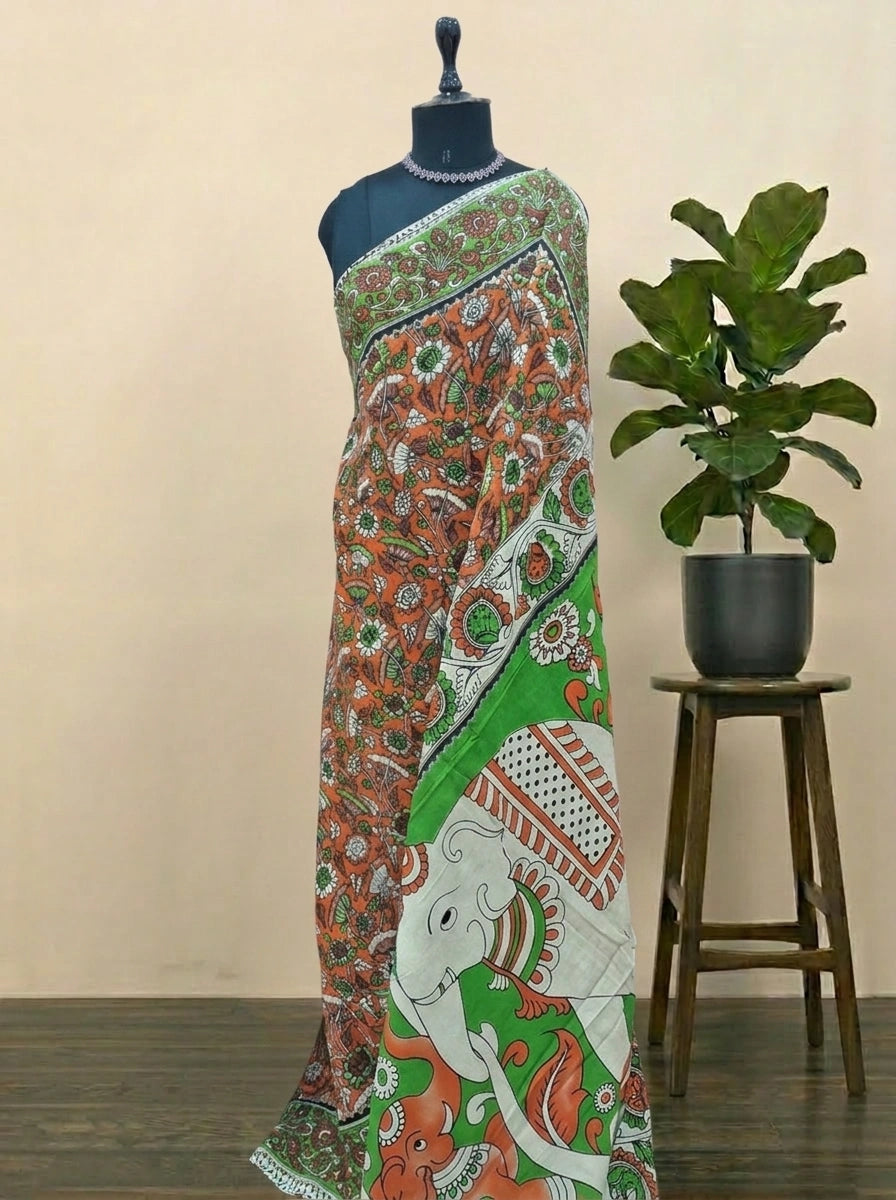 Orange Kalamkari Cotton Saree