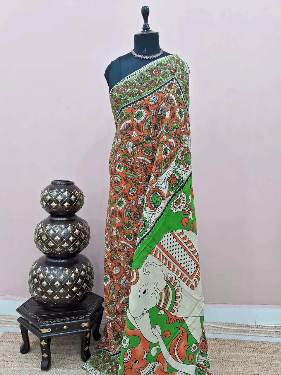 Orange Kalamkari Cotton Saree