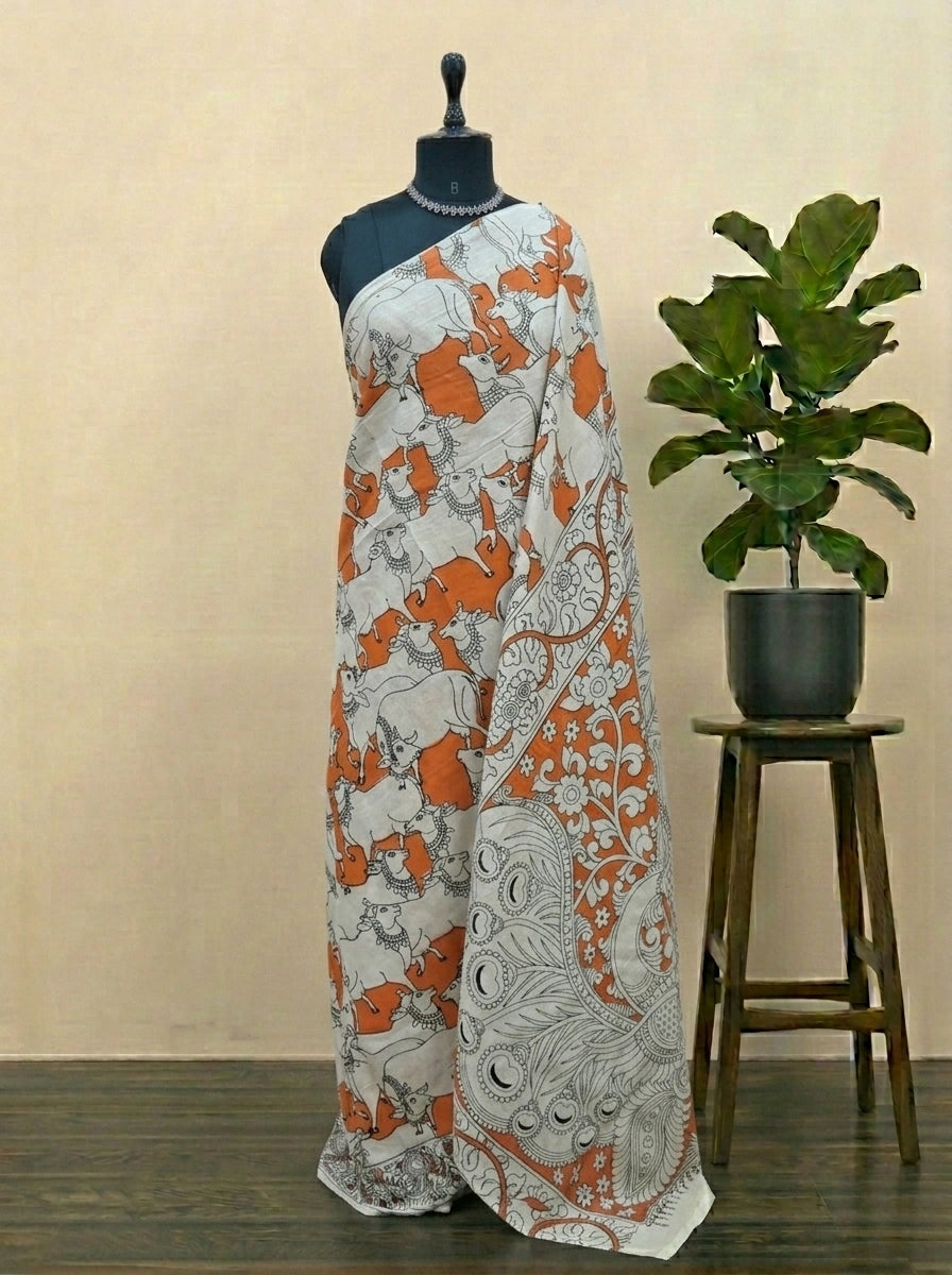 Orange Kalamkari Cotton Saree