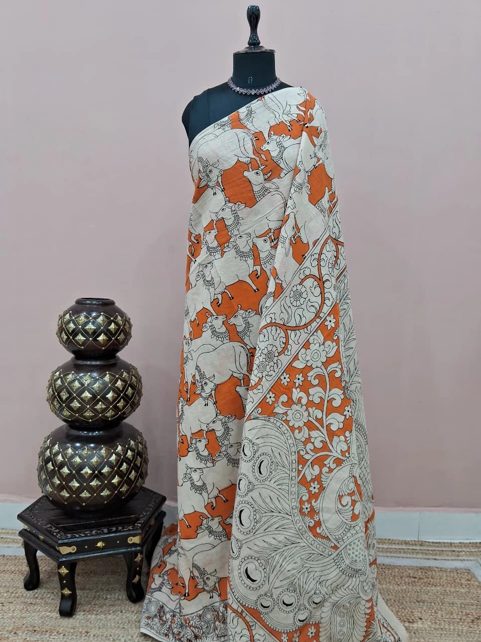 Orange Kalamkari Cotton Saree