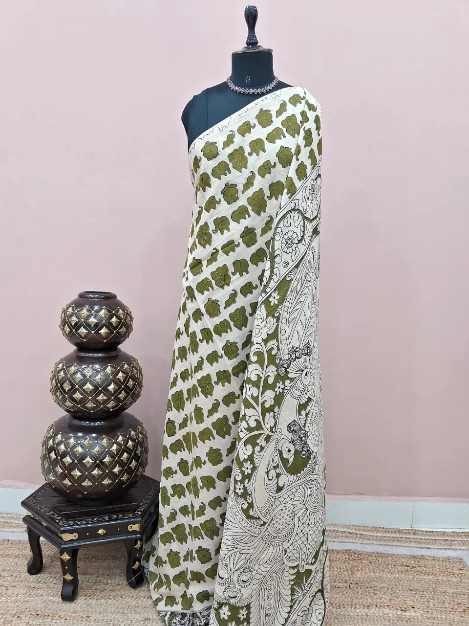 Cream Pure Kalamkari Cotton Saree 