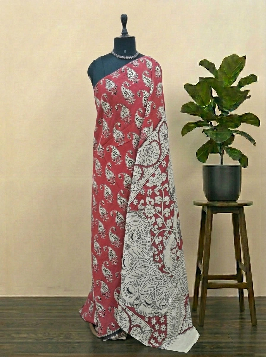 Rust Red Kalamkari Cotton Saree