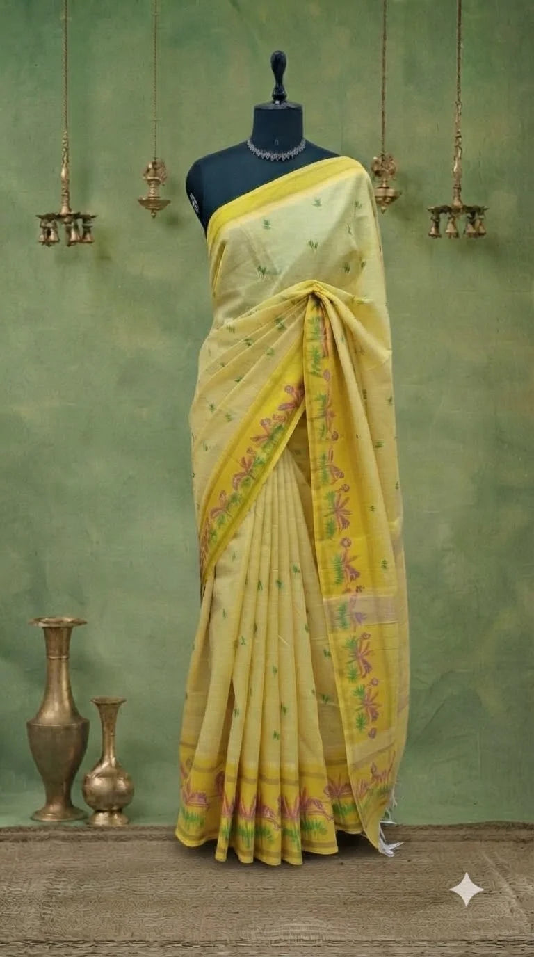 Lemon Yellow Kanchi Cotton Saree 