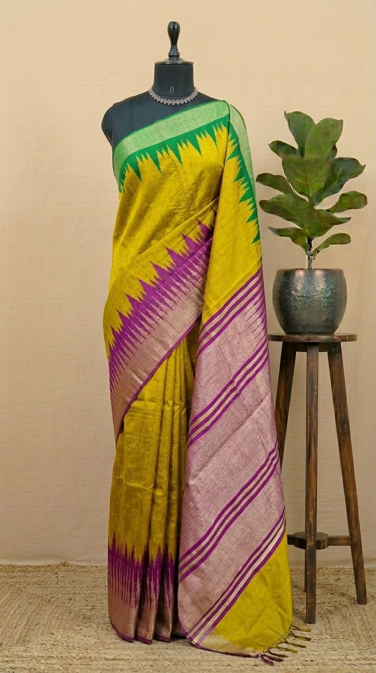 Mango Yellow Plain Khadhi Pure Pattu Saree