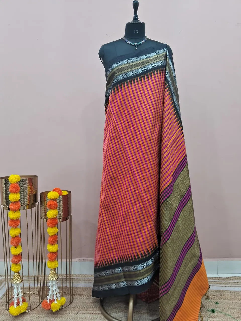 Pink and Orange Checked Khadhi Pattu Saree 