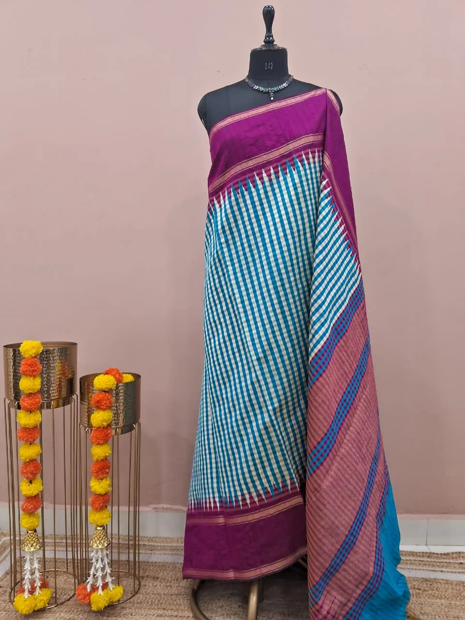 Sky Blue and Off-White Checked Khadhi Pattu Saree 