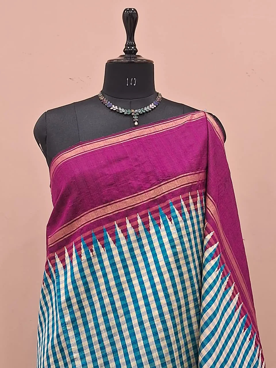 Sky Blue and Off-White Checked Khadhi Pattu Saree  1