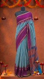 Sky Blue and Off-White Checked Khadhi Pattu Saree 