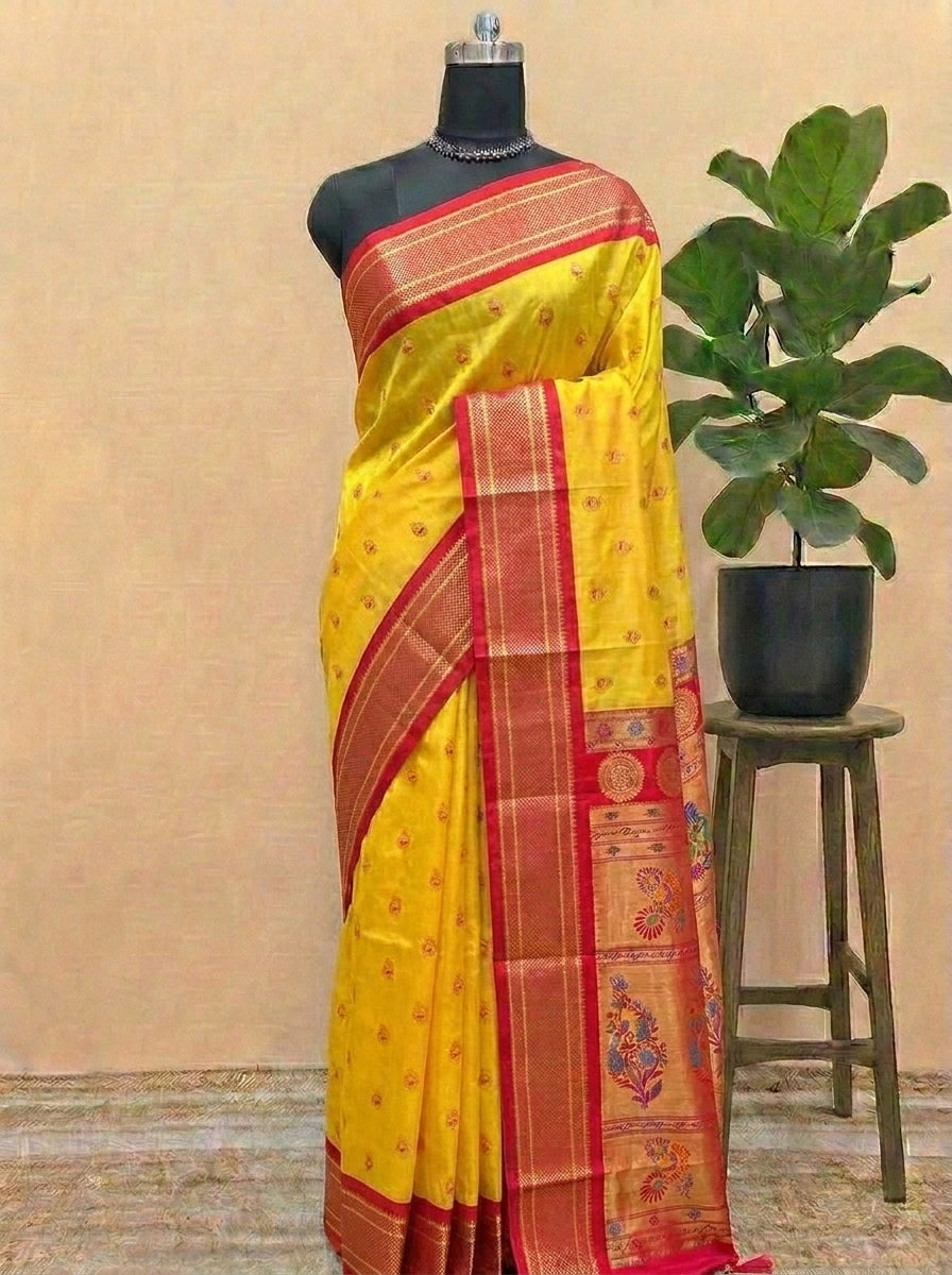 Yellow Paithani Semi Silk Saree